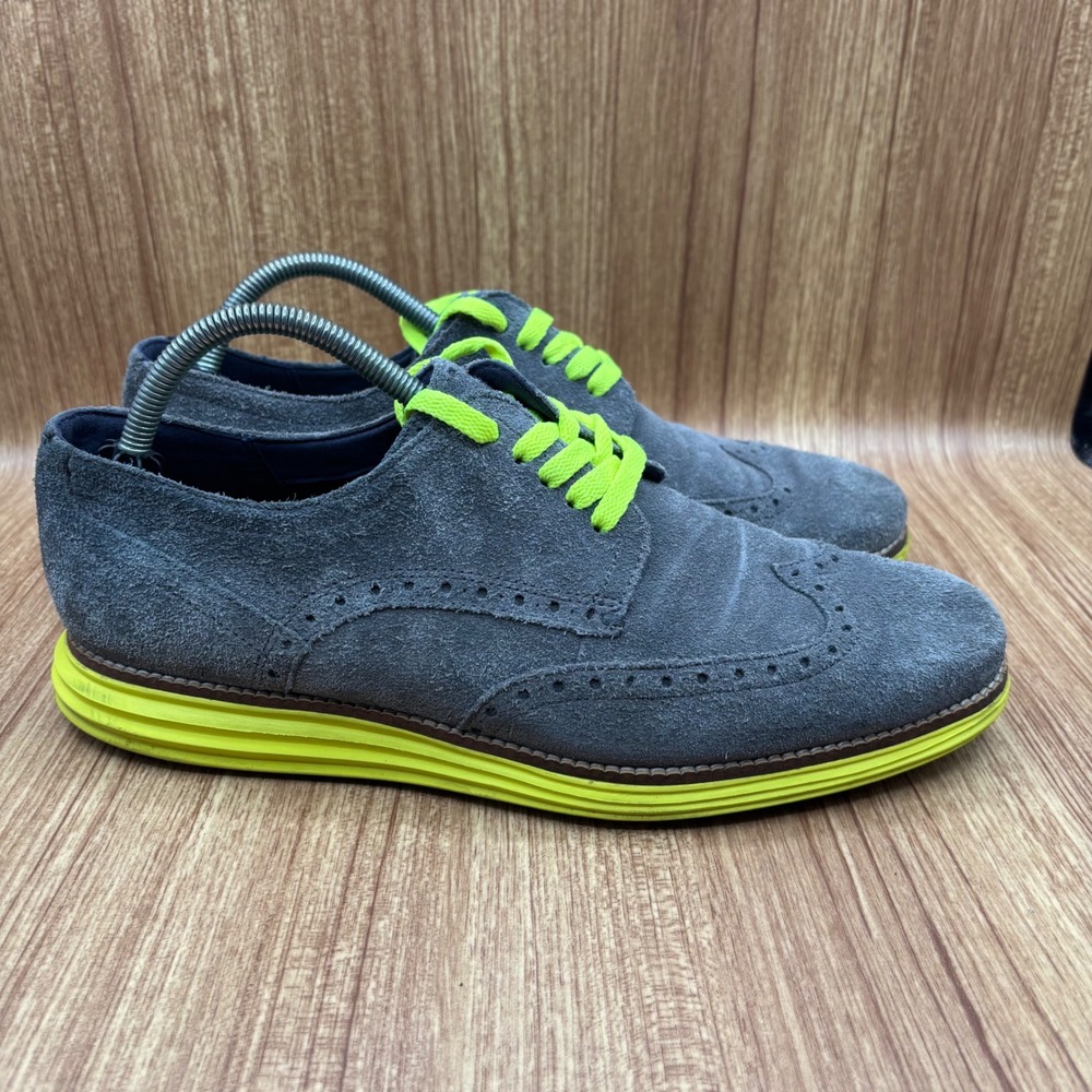 Cole Haan Lunargrand  Wingtip Oxford Grey Neon Yellow Men's 9.5M Suede Shoes